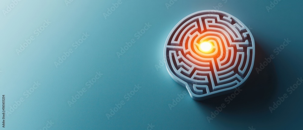 Aufkleber brain shaped labyrinth with a glowing core at its center. surrealistic image for metaphor.