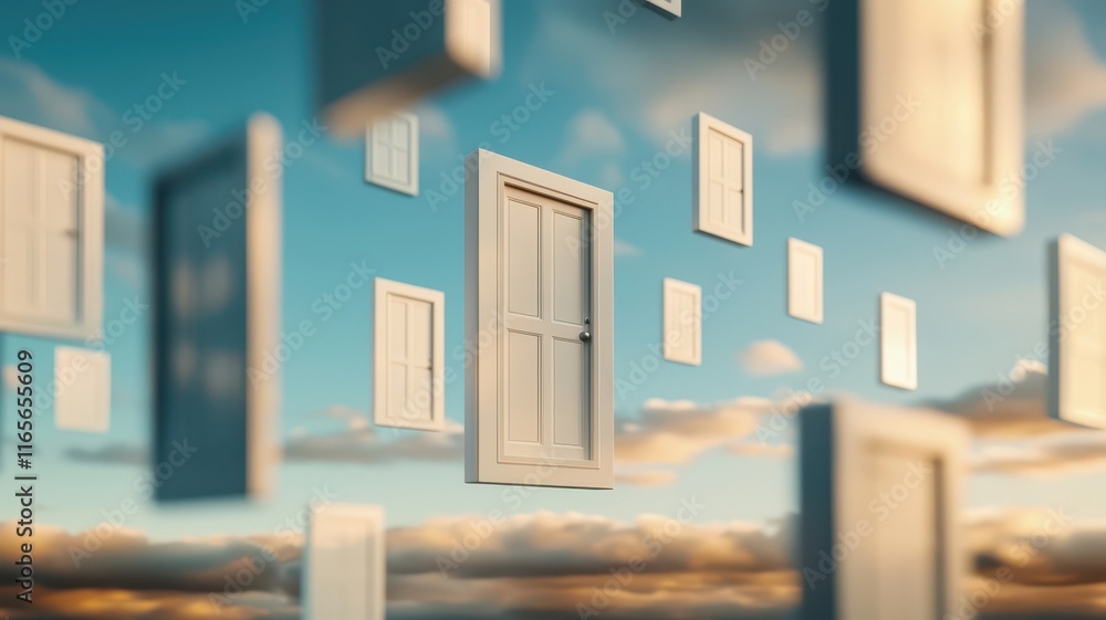 Aufkleber surreal mindscape with floating doors in a dreamlike setting. surrealistic image for metaphor.