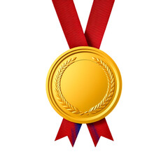 A gleaming golden medal with a red ribbon, perfect for sports or achievement imagery on transparent background