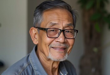 Fototapeta premium An elderly male resident of Thailand, wearing glasses and a casual shirt, displays a gentle smile inside a cozy space. The atmosphere feels relaxed and welcoming, highlighting his warmth. AI