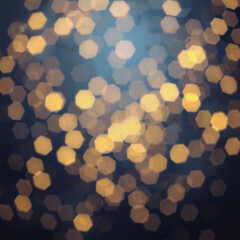 Abstract bokeh background with blurred white and yellow lights against a deep blue backdrop, creating a festive and dreamy atmosphere.
