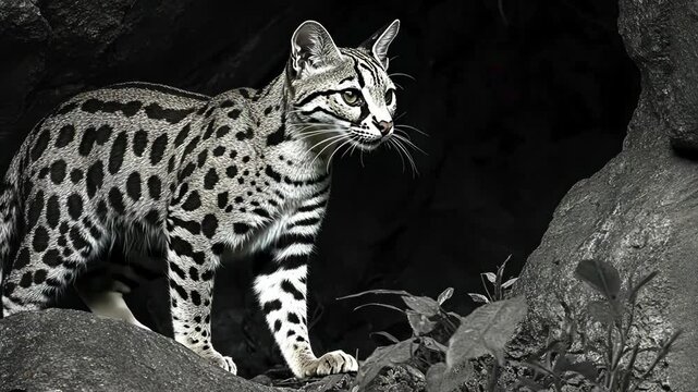 Wild cat stands poised on rocky terrain in a shadowed natural habitat during daylight hours
