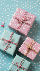 Fototapeta premium Wrapped Valentine's Day gifts on a light blue polka dot background create a festive and romantic atmosphere