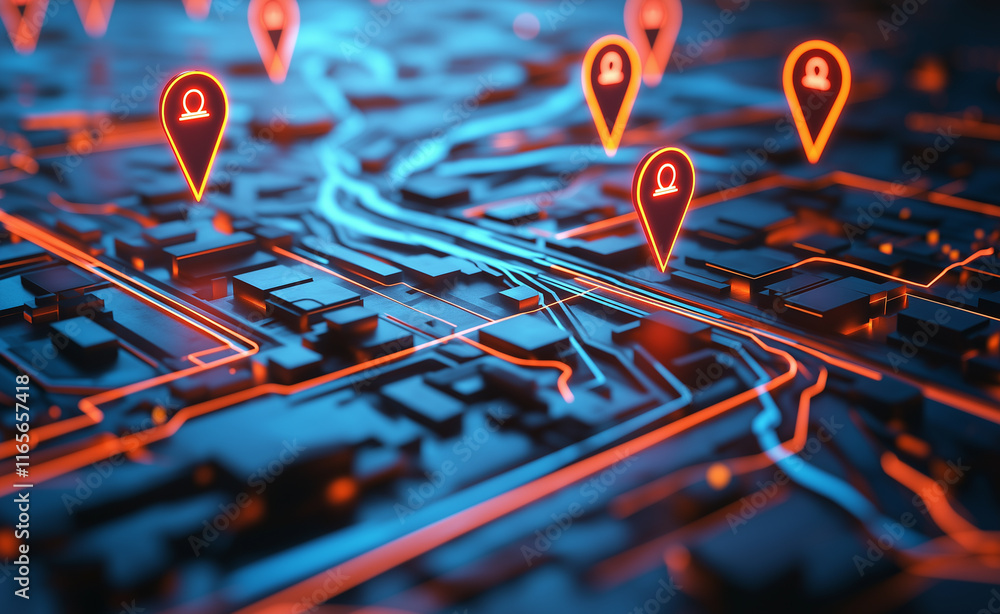 Poster futuristic digital map with glowing red location pins and blue neon pathways representing navigation