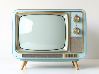 Vintage mint TV with wooden legs, retro home decor.