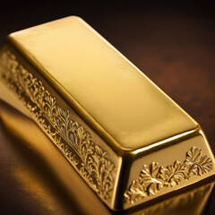Fototapeta premium A gleaming gold bar, meticulously crafted with intricate detailing, rests on a bed of fine gold dust.