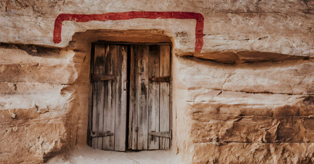 ancient doorway with red paint and matzah bread, symbolizing the historical and religious significance of passover