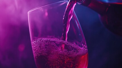Red wine is poured into the glass from a bottle on a dark purple background