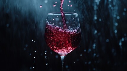 Red wine is poured into the glass from a bottle on a dark purple background