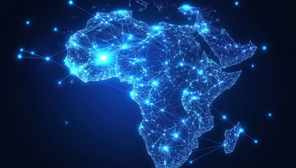 A blue digital map of Africa with glowing connections between cities