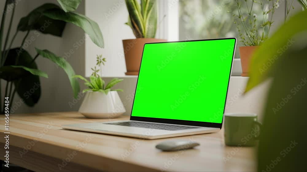 Poster laptop on a desk in a stylish home office interior. the laptop’s green screen allows for easy conten