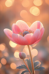 Obraz premium Zarte rosa Blüte im sanften Licht mit funkelndem Bokeh-Hintergrund
