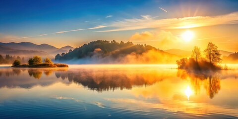 Obraz premium Golden Sunrise over Serene Lake with Misty Islands and Mountains