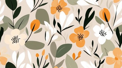seamless repeating pattern of boho floral hand-drawn wildflower delicate leaves.
