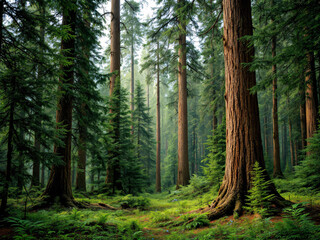 Obraz premium Misty forest scene with tall trees fading into a thick, ethereal fog, creating a serene atmosphere.