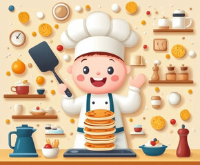 A cheerful cartoon chef holding a spatula next to a stack of pancakes, surrounded by various kitchen items and ingredients.