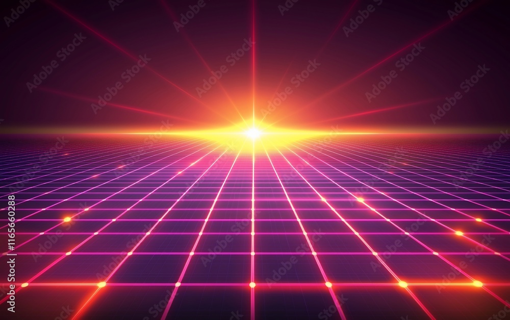 Canvas Prints retro futuristic grid landscape with glowing lines and bright light.