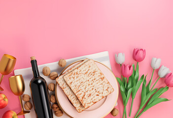 vibrant display of matzah bread, tulips, and wine bottles on a pink background, symbolizing passover