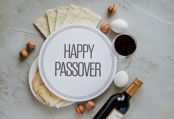 happy passover plate with wine, matzah bread, and festive decoration, representing joy and tradition