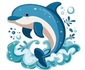Obraz premium A playful dolphin jumps joyfully above blue waves, surrounded by splashes and bubbles, conveying a sense of fun and marine life.