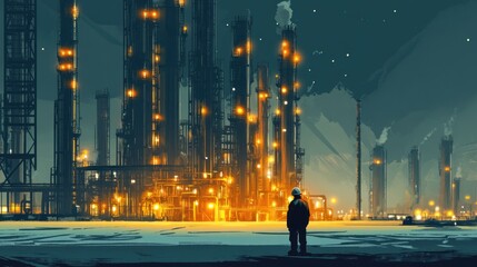 A lone industrial worker, dressed in a hard hat , standing under the glow of a massive refinery at night