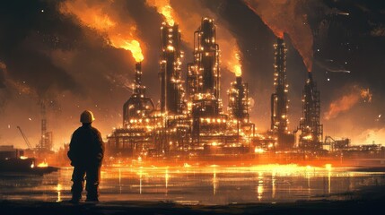 A lone industrial worker, dressed in a hard hat , standing under the glow of a massive refinery at night