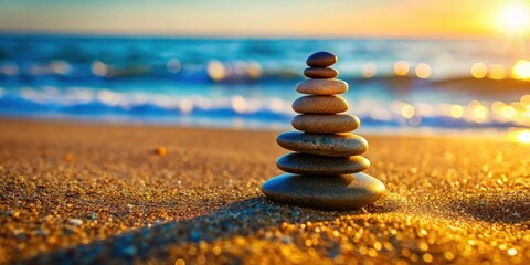 Obraz premium A carefully balanced stack of smooth stones rests on a golden sandy beach, illuminated by the warm glow of the setting sun, with a gentle wave in the background.