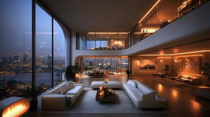 Luxury penthouse apartment, city view, modern furniture.