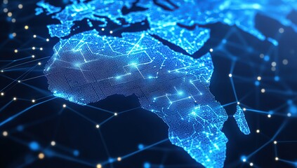 A blue digital map of Africa with glowing connections between cities
