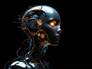 Obraz premium Futuristic female android with glowing eyes and exposed mechanical components on a dark background.