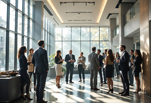 Networking event in a modern office space with professionals engaging in conversation during the afternoon sunlight