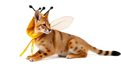 a serval in a bee costume on a white background
