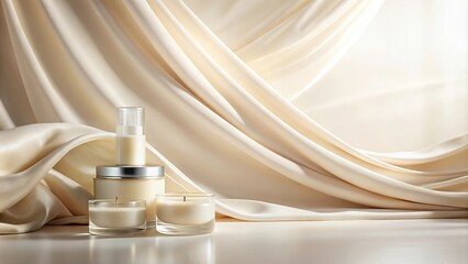 Naklejka premium Creamy skincare and candle arrangement on luxurious fabric