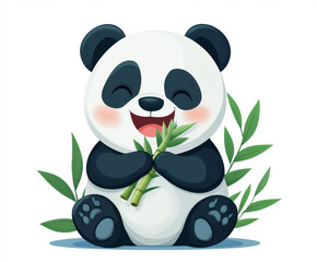 A cheerful cartoon panda joyfully munching on bamboo amidst green leaves, radiating cuteness and playfulness.