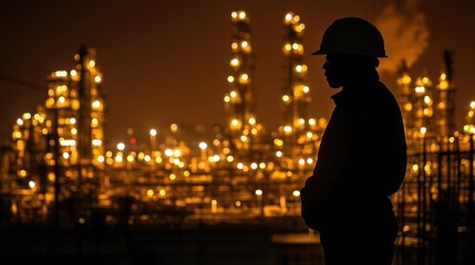 An industrial worker in a hard hat, silhouetted against the glowing lights of a refinery at night