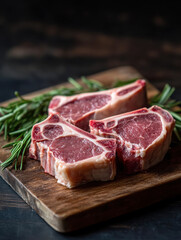 Fototapeta premium Three raw meat chops on a wooden board, garnished with fresh rosemary.