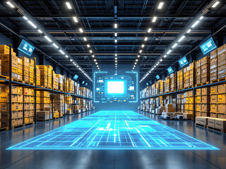 Fototapeta premium Large, modern warehouse with automated systems and organized storage solutions.