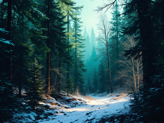 Fototapeta premium Misty forest scene with tall trees fading into a thick, ethereal fog, creating a serene atmosphere.