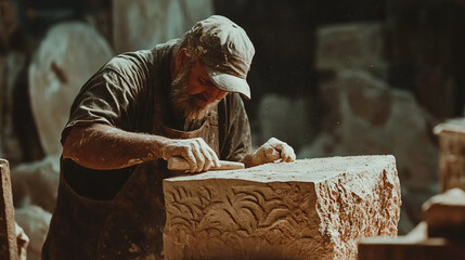 A sculptor chiseling away at a block of stone, their focus revealing the passion and dedication behind their work.