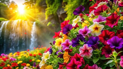 A vibrant bouquet of colorful flowers blooming in the sunlight with a waterfall cascading in the background