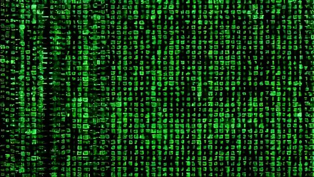 Rows of glowing green numbers cascade down the screen in a matrix-style effect. Occasional symbols pulse or flicker, creating a high-tech, futuristic ambiance.