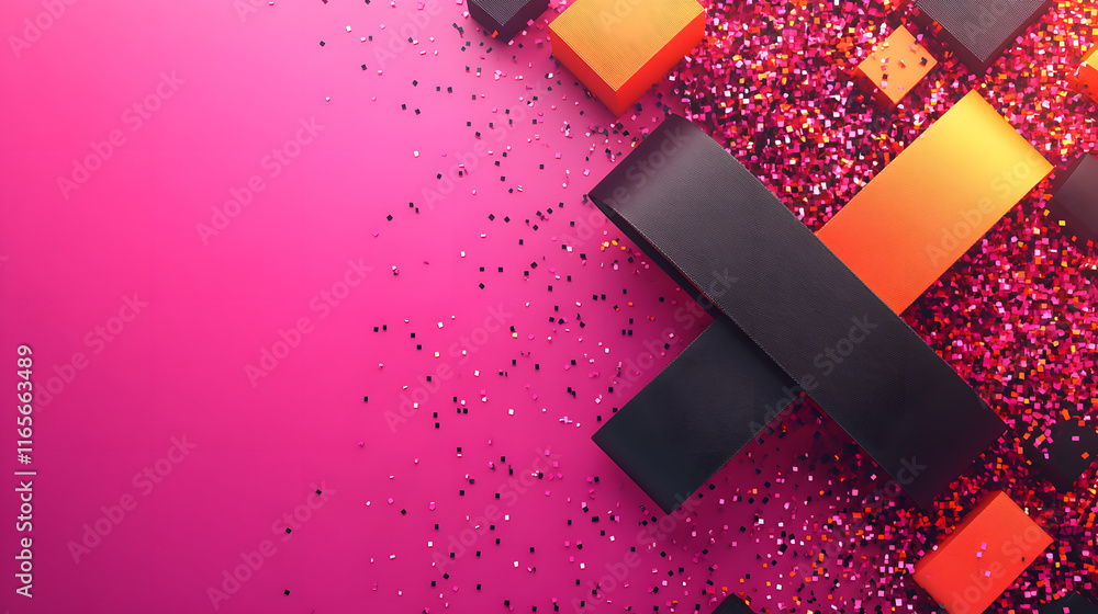 Poster abstract composition featuring vibrant colors and scattered textures on a gradient background