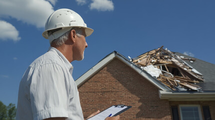 man in hard hat inspects storm damaged house with clipboard, assessing roof condition. scene captures aftermath of severe weather, highlighting need for repairs