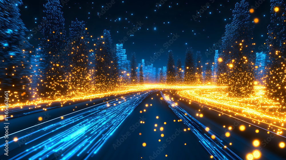 Poster futuristic landscape with glowing lights and digital trees in a night setting