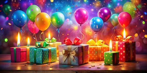 Colorful birthday celebration with presents and balloons floating above a wooden table with lit candles