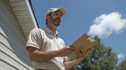 man inspects storm damaged house, holding clipboard under clear blue sky. His focused expression reflects seriousness of situation