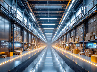 Fototapeta premium Large, modern warehouse with automated systems and organized storage solutions.