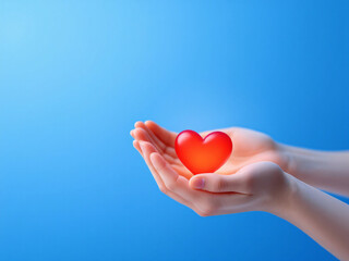 Obraz premium Hands holding a glowing red heart against a blue background, symbolizinHands holding a glowing red heart against a blue background, symbolizing love and care.g love and care.