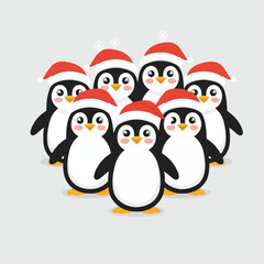 Cute Penguins wearing Santa Claus hat standing on white background flat design vector illustration