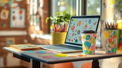 A creative corner with an adjustable desk, vibrant stickers on the laptop, a journal, and a coffee cup with whimsical patterns.